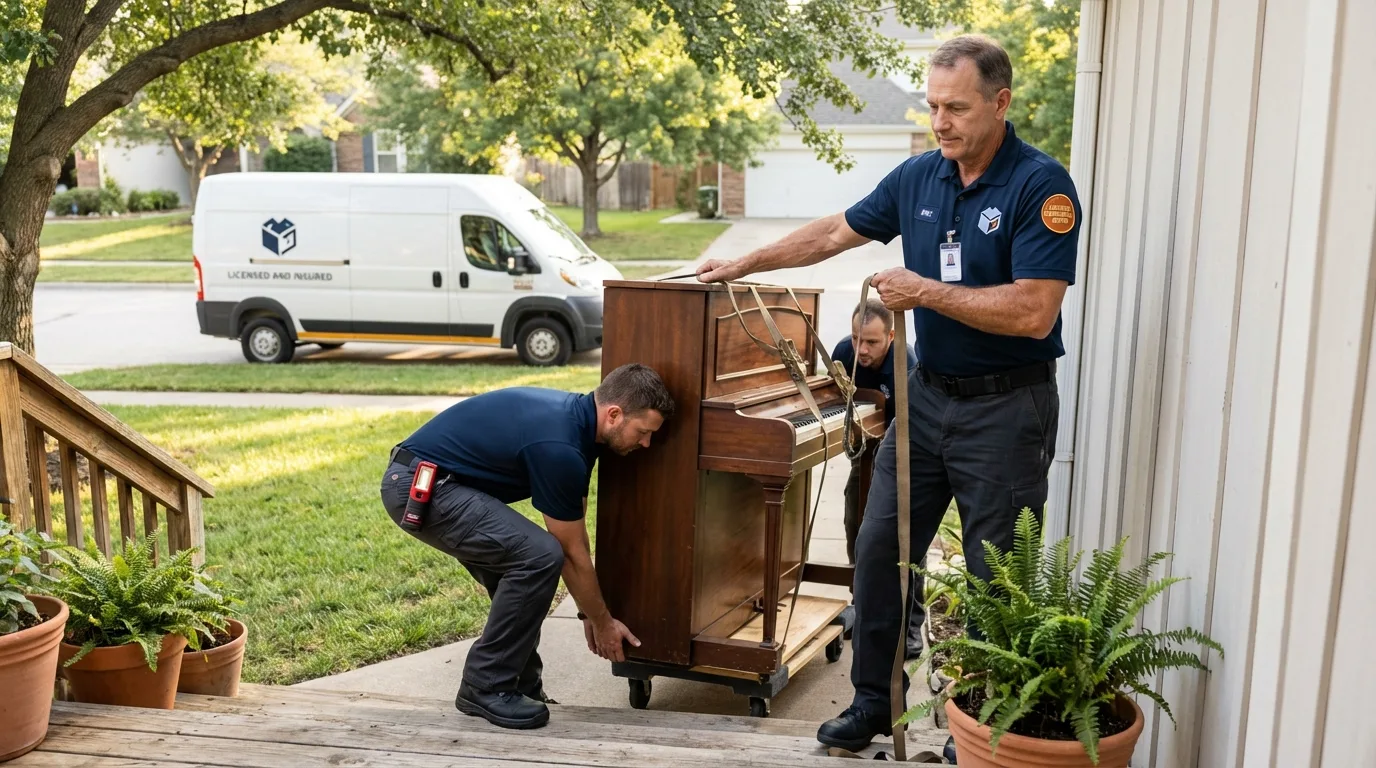 Licensed piano movers securing grand piano in Ripon, CA