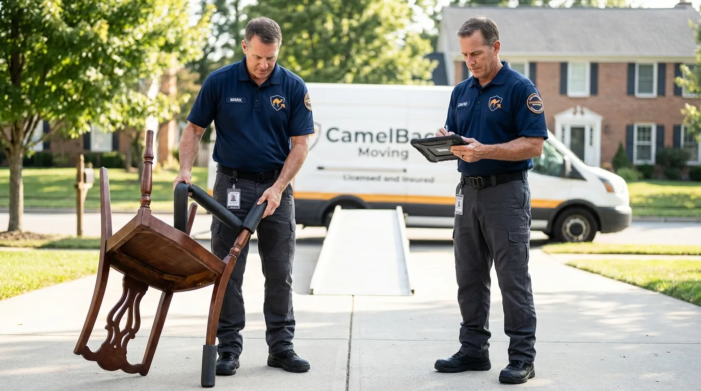 Movers inspecting furniture for damage prevention before loading in Ripon, CA