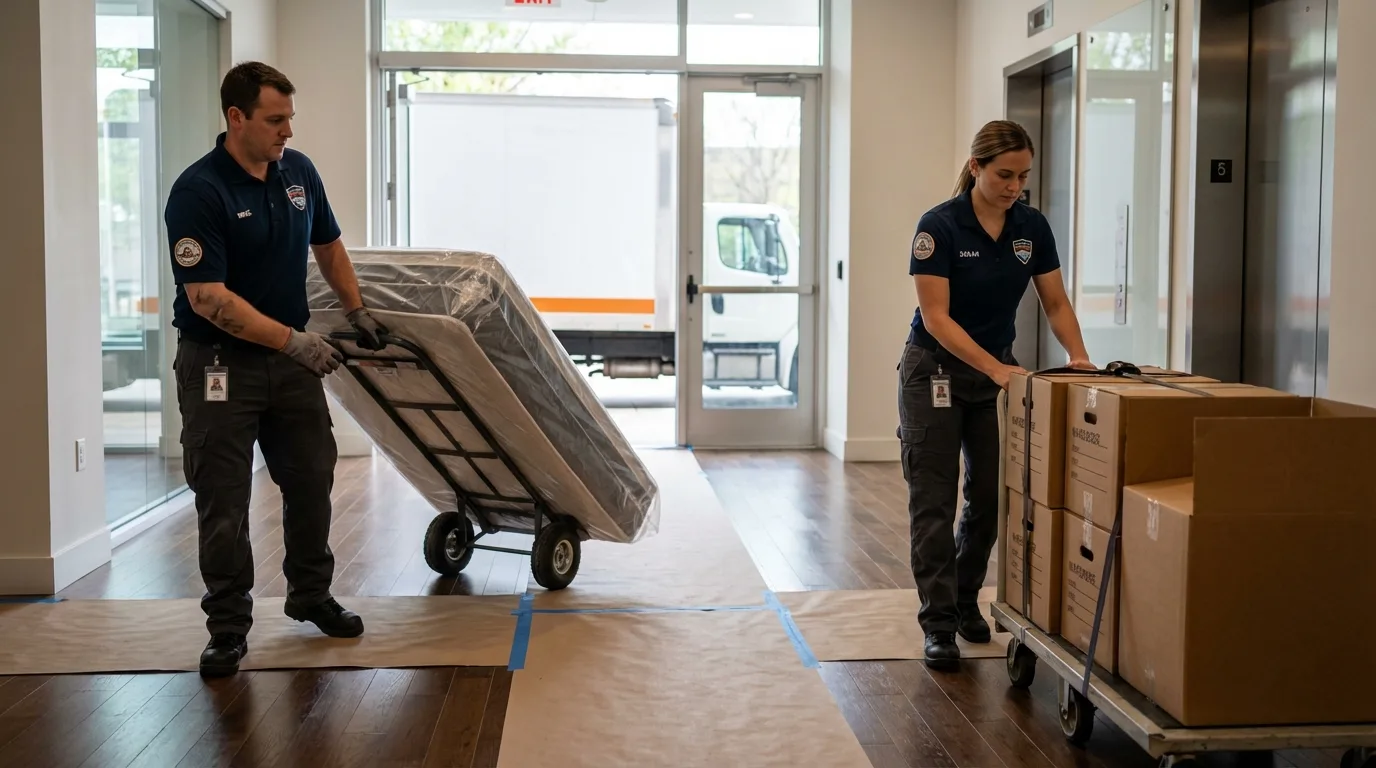Professional apartment movers loading elevator in Ripon, CA