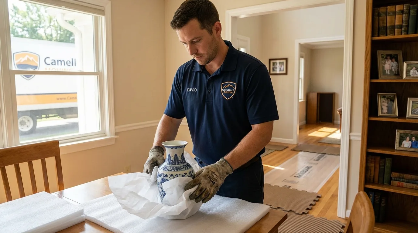 Professional crew carefully wrapping antique vase for senior downsizing move in Ripon, CA